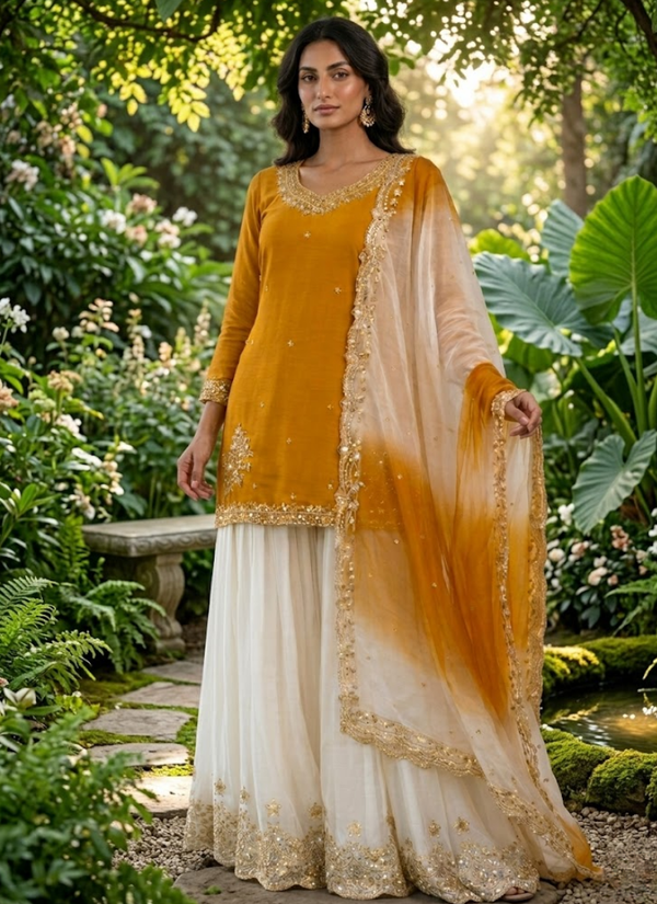 French Crepe Salwar Suit with Organza Dupatta