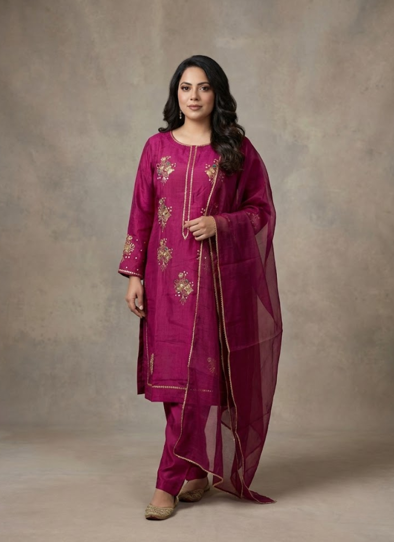 Women’s salwar kameez in silk fabric with zari and sequence detailing, festive partywear design.