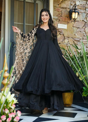 Roman Silk Anarkali Gown with Palazzo + Real Mirror Dupatta (Black) 2
