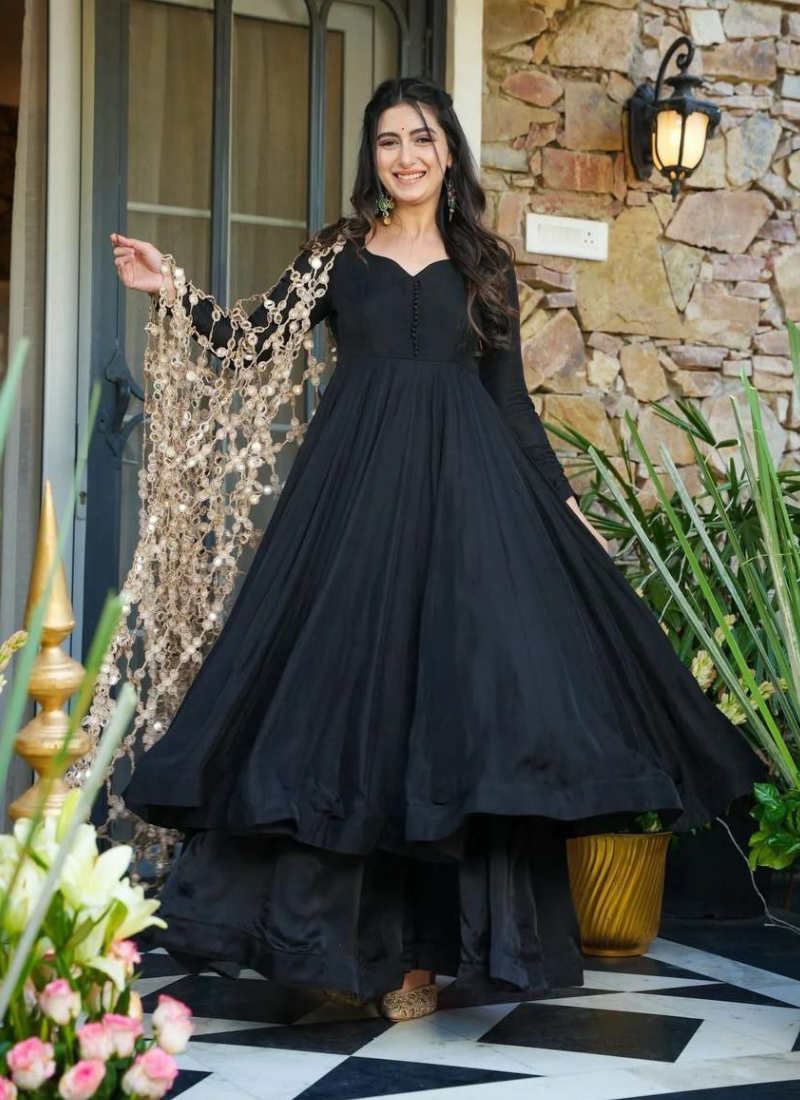 Roman Silk Anarkali Gown with Palazzo + Real Mirror Dupatta (Black)