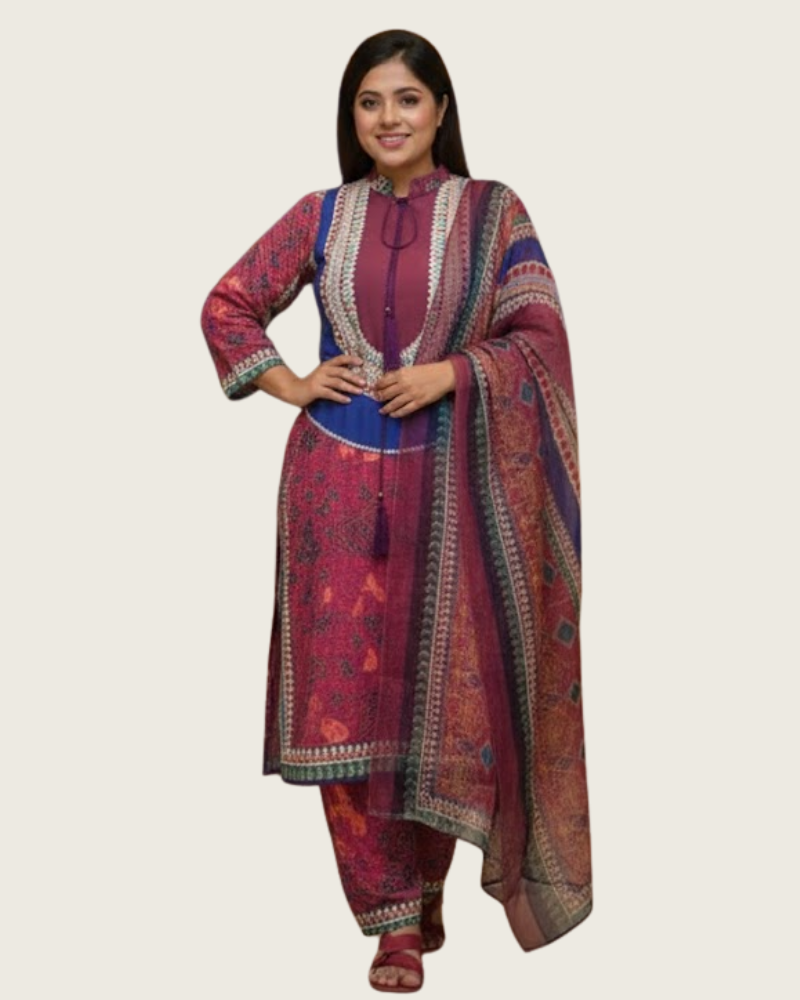 Pink Crepe Silk Salwar Suit – Stone Work & Floral Print
