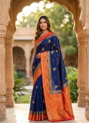 Baluchuri Silk Saree – Navy Blue & Red Border With blouse Piece 1