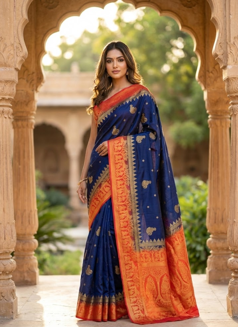 Baluchuri Silk Saree – Navy Blue & Red Border With blouse Piece