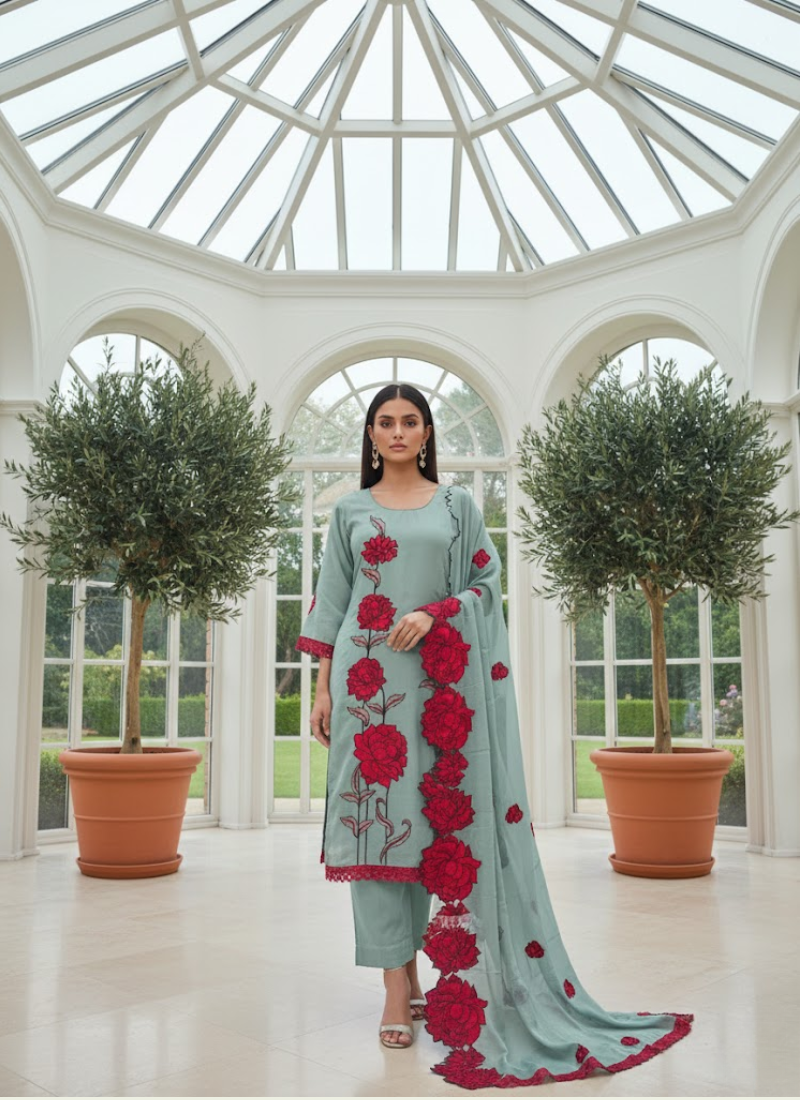 Blue Silk Organza Salwar Kameez with Floral Embroidery Dupatta