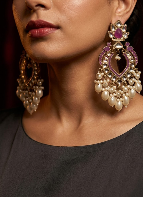 Purple Bhavika Kundan Hanging Earrings