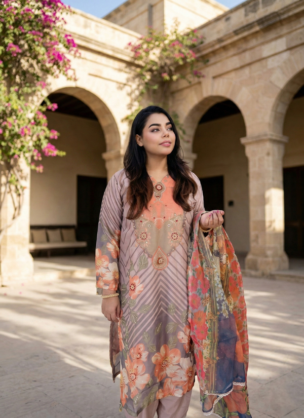 Nude Floral Organza Salwar Suit with Pearl Work