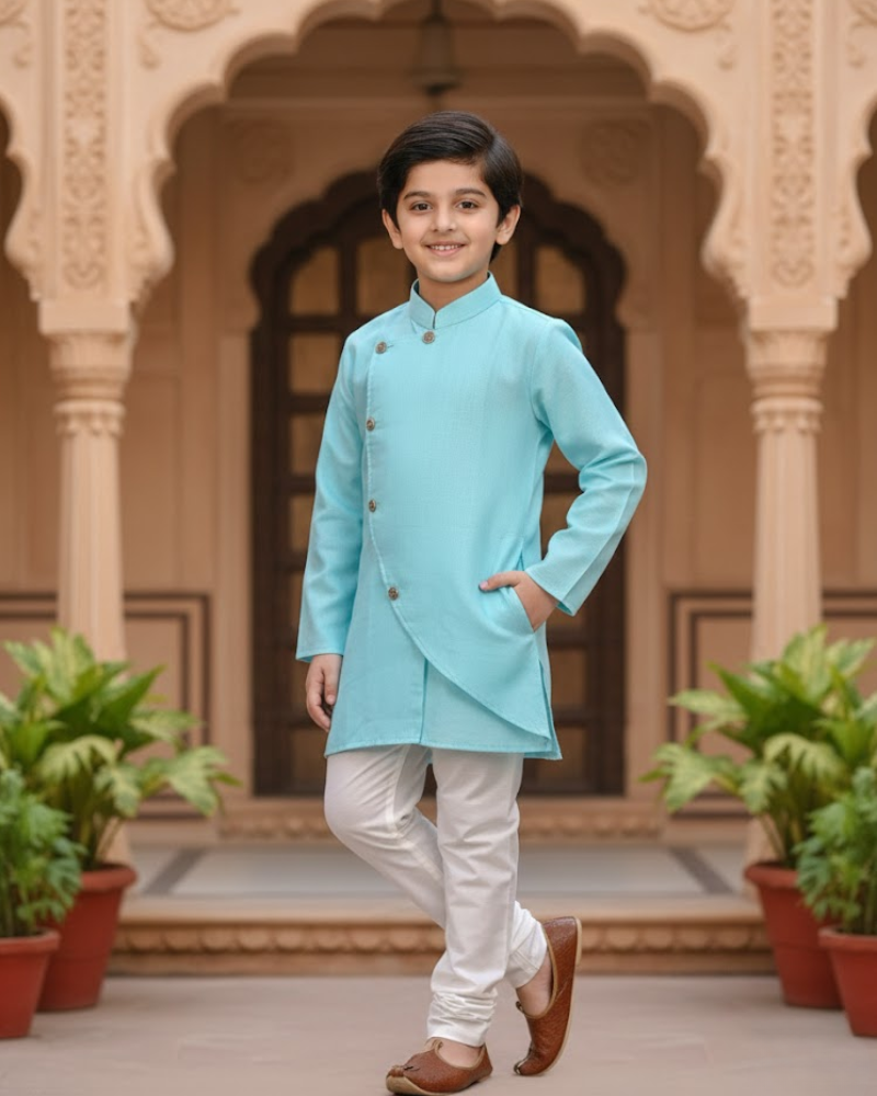Kids Firoza Cotton Kurta with Embroidery & White Cotton Pyjama