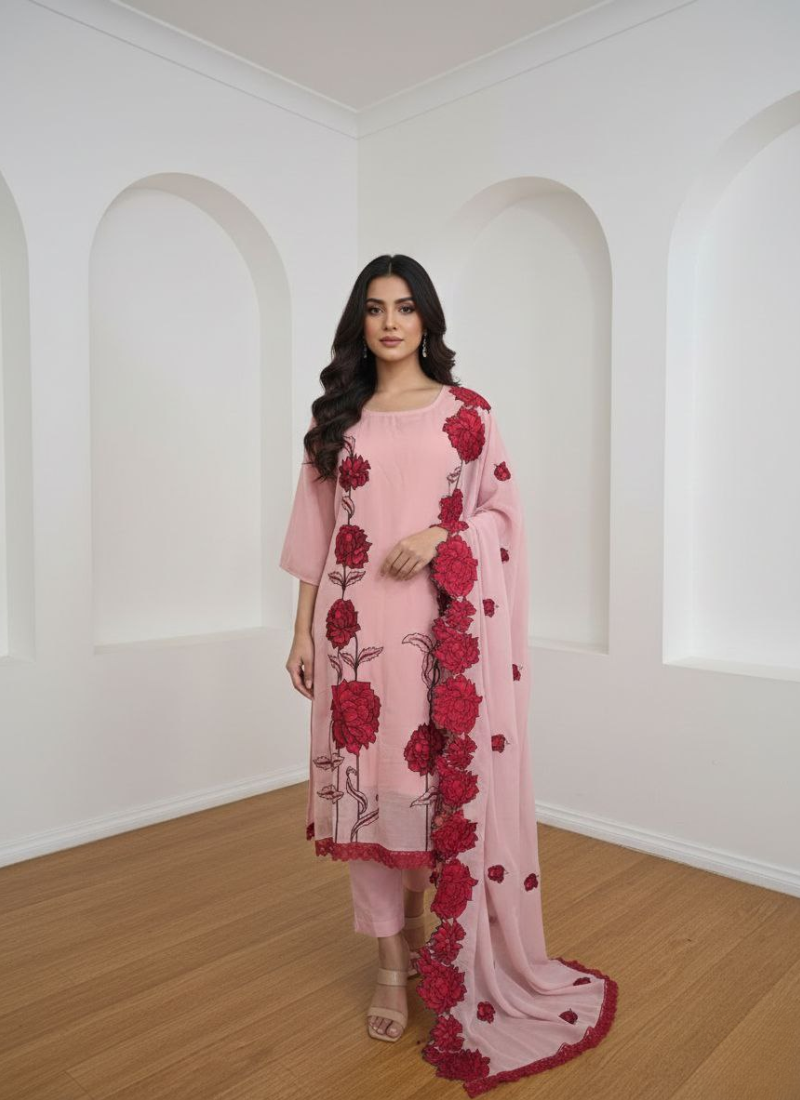 Pink Silk Organza Salwar Kameez with Floral Embroidery Dupatta