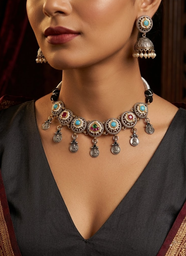 Minakshi Dual Tone Necklace Set, Indian jewlery online Australia