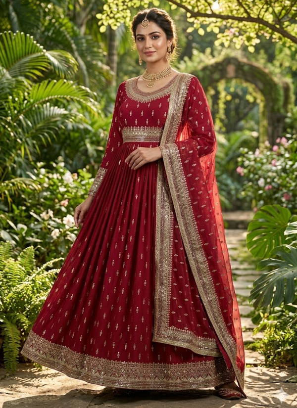 Heavy Chinon Silk Gown Set with Butterfly Net Dupatta