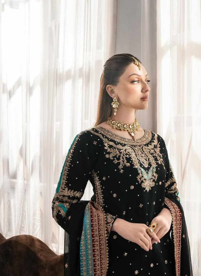 Black Georgette Shalwar Kameez with Sequins & Pearl Mirror Work + Dupatta