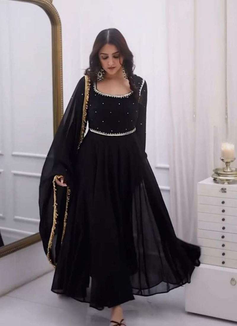 Black Anarkali Salwar Suit in Faux Georgette with Handwork & Diamond Lace Dupatta