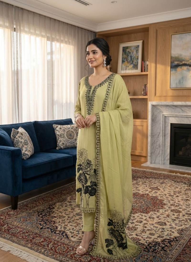 Light Lemon Maslin Salwar Suit with Black Thread Embroidery