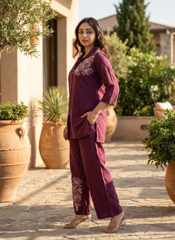 Cotton Slub Embroidered Co‑Ord Set for Women (Top & Pant)