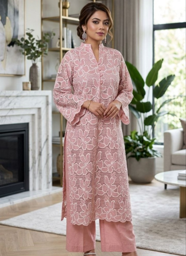Baby Pink Silk Chikankari Co‑Ord Set with Divider Bottom