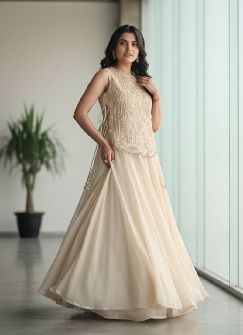 Vichitra Silk Lehenga Choli with Embroidered Shrug - View 1