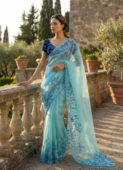 Aqua Blue Silk Saree with Floral Print, Beads & Katdana Handwork + Blouse Piece 7