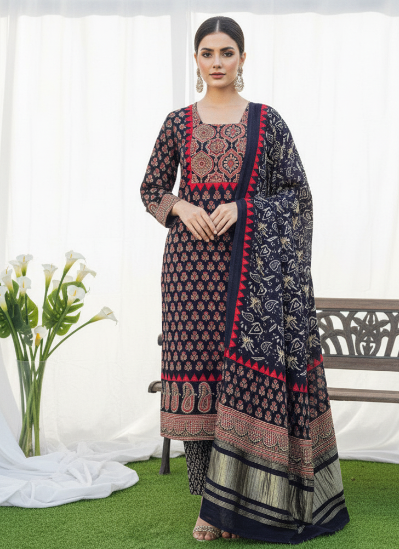Green Ajrak Salwar Suit – Pure Modal Fabric with Jari Border Dupatta