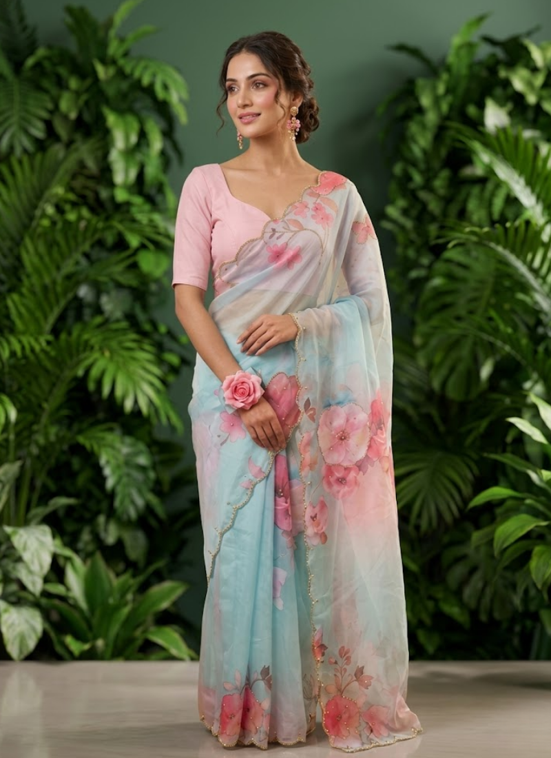 Pastel Maslin Saree with Pipe Sequins Hand Work - View 1