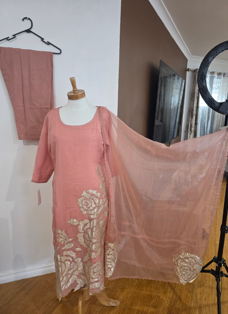 Peach Pink Silk Organza Salwar Kameez with Cut Work Dupatta