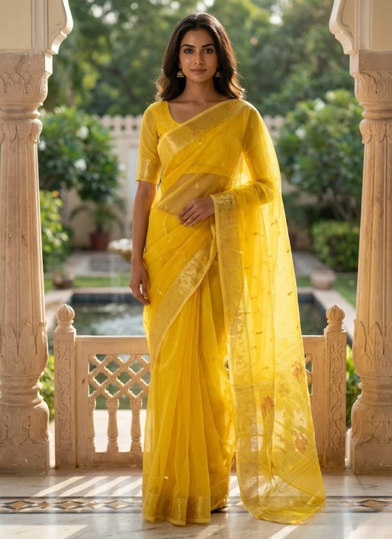 Bright Yellow Jamdani Saree with Mari Thread Work