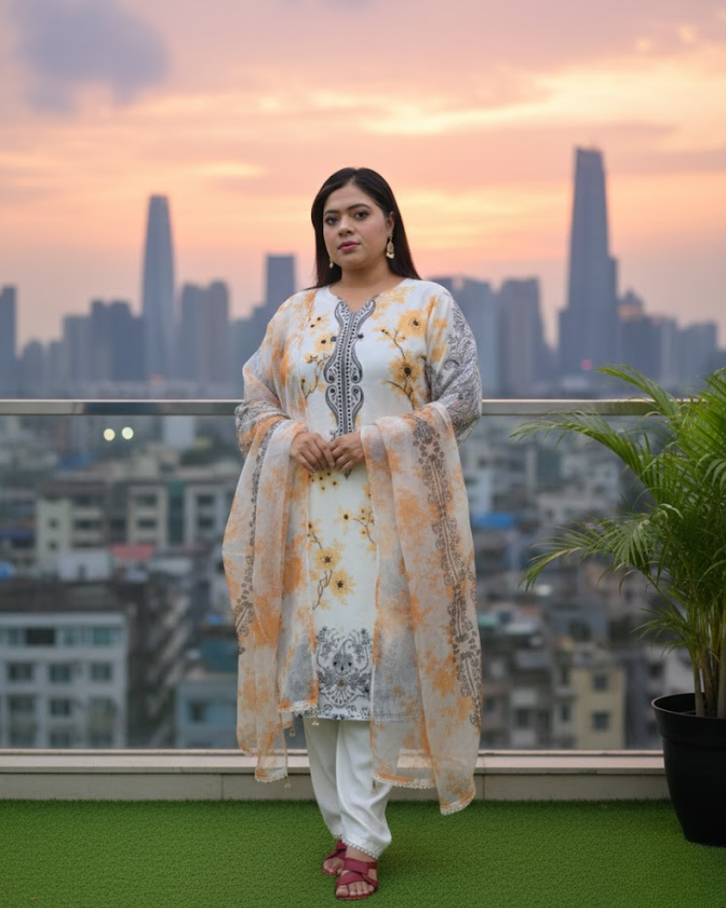 White & Orange Organza Salwar Suit – Floral Print & Pipe Work