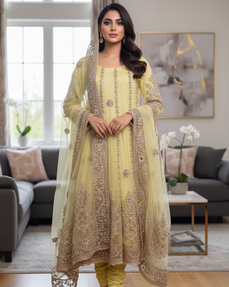 Yellow Net Pakistani Anarkali Dress – Gota Patti Hand Work