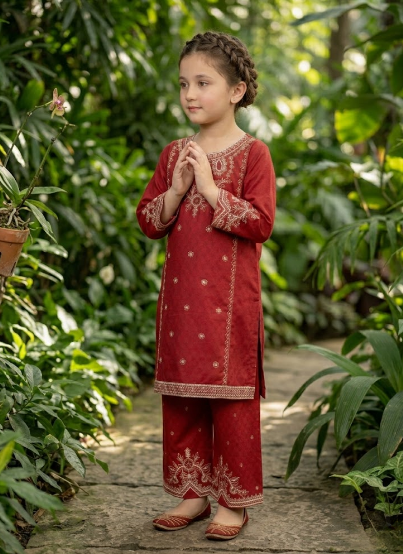 Girl’s 2‑Piece Embroidered Cotton Midi Shirt Set