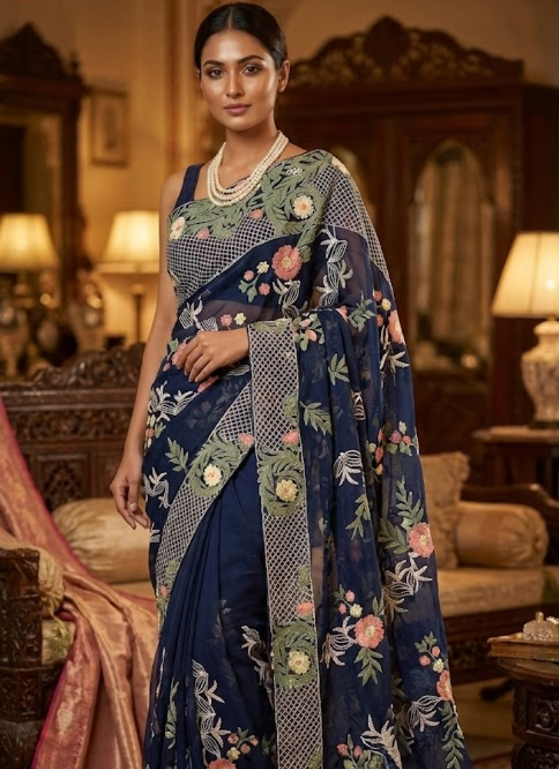 Black Maslin Saree with Floral Embroidery