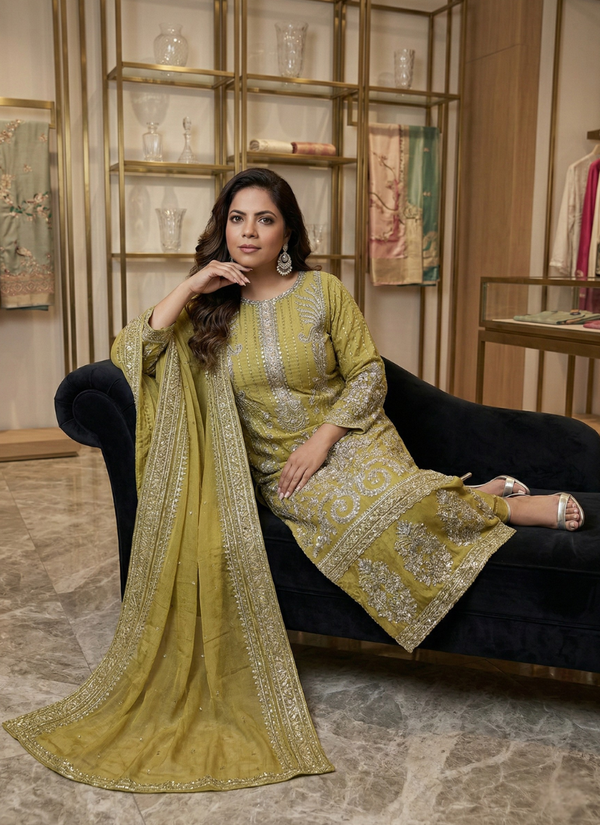 Lemon Yellow Pakistani Salwar Suit – Embroidered Organza with Dupatta - View 4