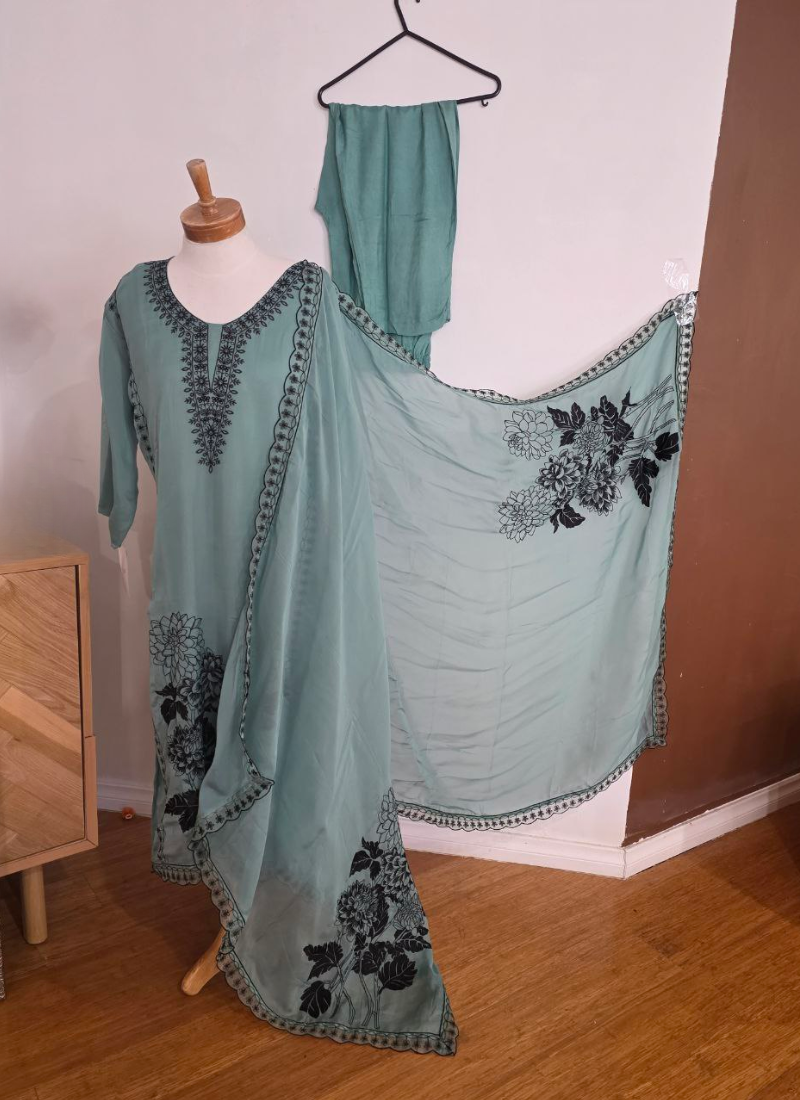 Pest Color Maslin Salwar Suit with Black Thread Embroidery