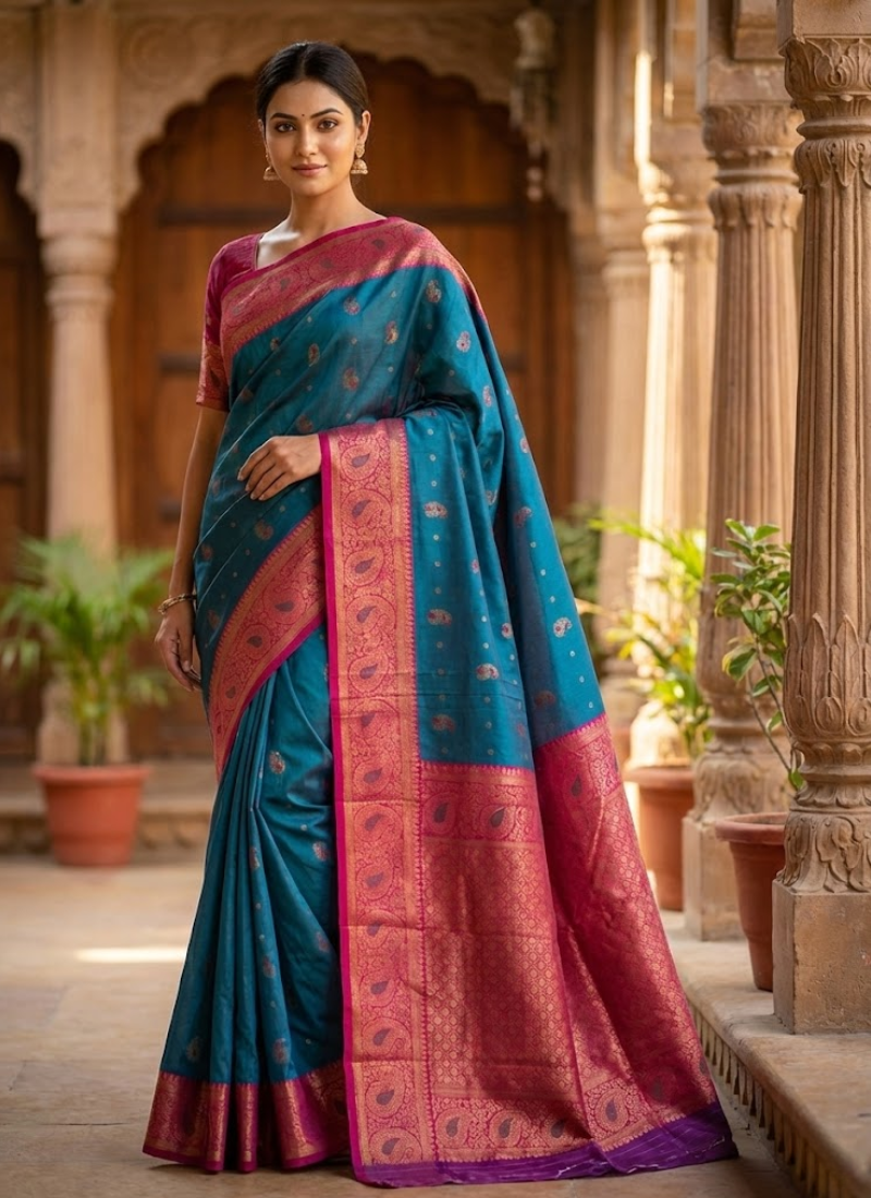 Sea Green Katan Silk Saree – Mina Work & Magenta Border