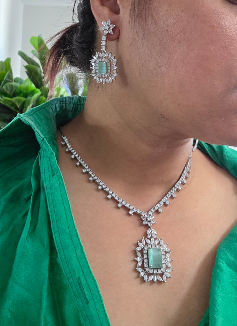 Diamond Cut Necklace & Earring Set with Blue Stone Setting