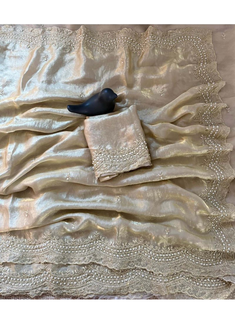 Fendy Satin Silk Saree – Gold Embroidery with Pearl Detailing & Matching Blouse