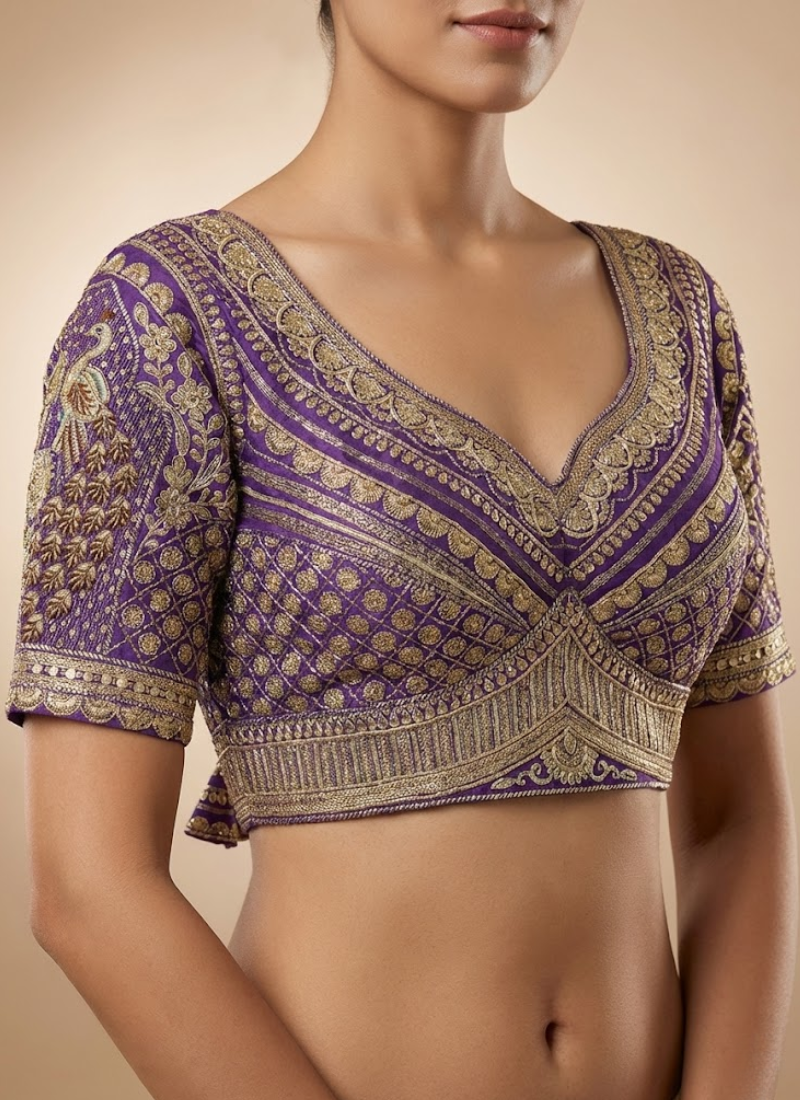 Roman Silk Women’s Blouse with Heavy Embroidery & Back‑Open Design