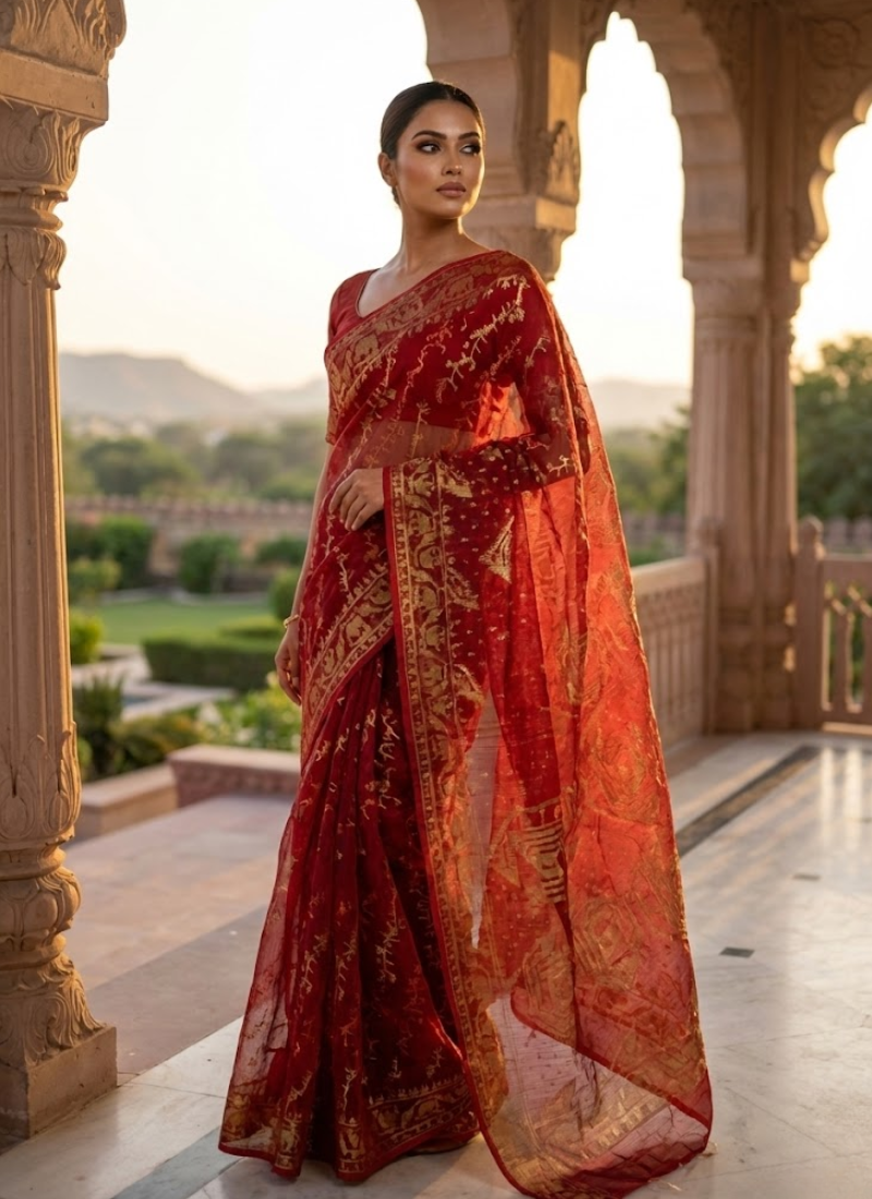 Dark Maroon Jamdani Saree with Mari Thread Work