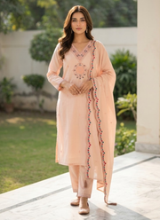 Light Peach Roman Silk Punjabi Suit with Embroidery & Sequence Dupatta 2