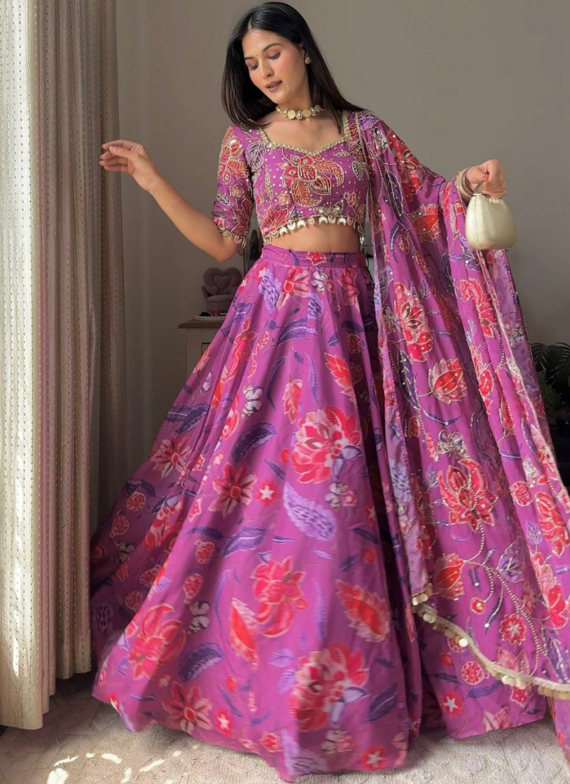 Premium Georgette Floral Lehenga Choli with Sequins & Real Mirror Work + Dupatta Australia