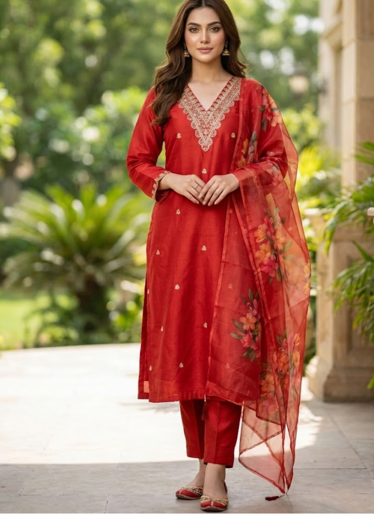 Rayon Slub Straight Punjabi Suit with Embroidery & Chanderi Dupatta
