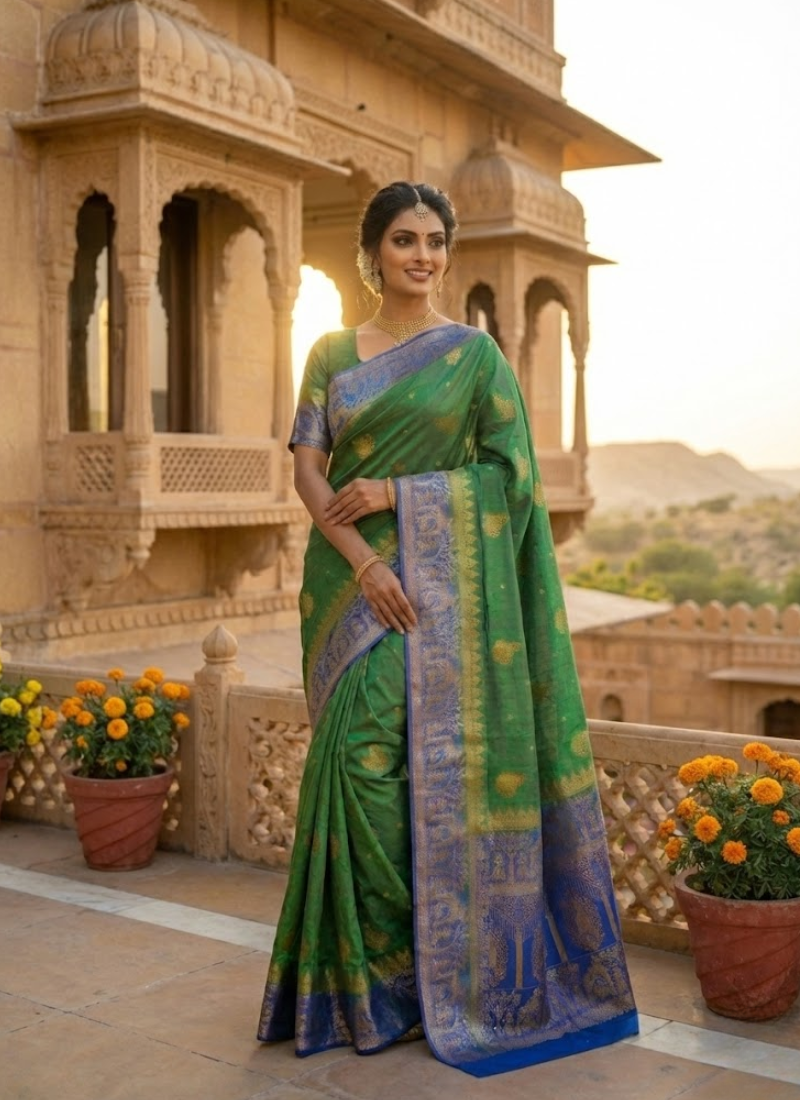 Bangalori Baluchuri Silk Saree – Green & Blue with Blouse Piece