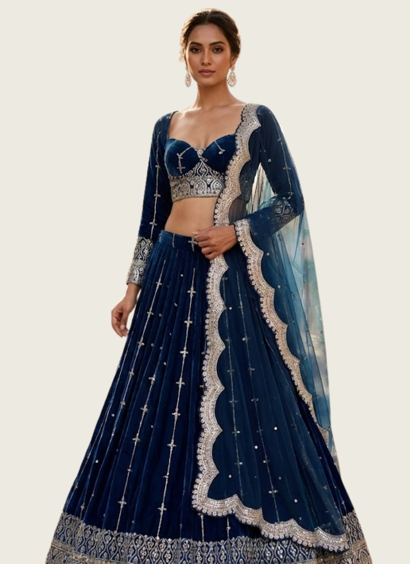 Royal Blue Faux Georgette Lehenga Choli with Thread & Sequins Embroidery + Net Dupatta
