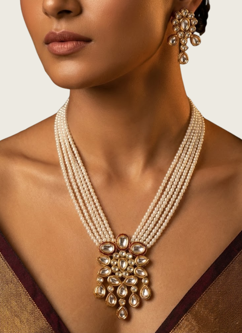 Kundan Necklace Set with Earrings – Pearl Finish | GleemiumFashion Jewelry