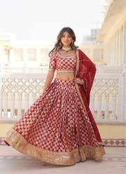 Red Viscose Jacquard Bridal Lehenga Choli with Sequins Embroidery + Georgette Dupatta 3