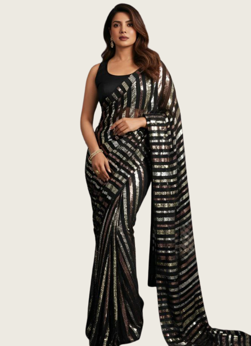 Heavy Georgette Saree with Triple Sequins Embroidery & Banglori Blouse Fabric | Gleemium fashion