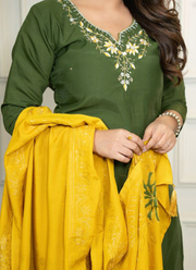 Mahendi Roman Silk Punjabi Suit with Handwork & Jacquard Dupatta (Sizes M–XXL) 3