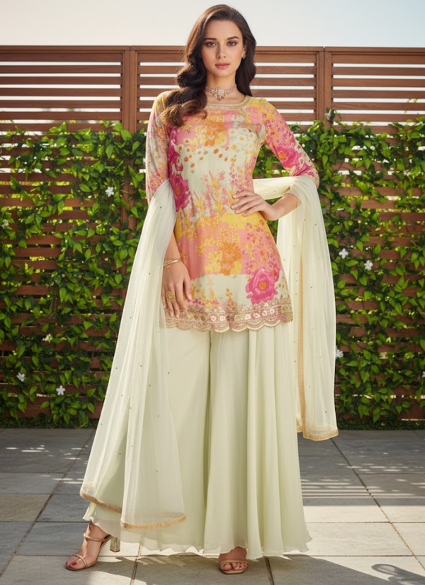 Chinon Silk Embroidered Palazzo Suit with Net Dupatta