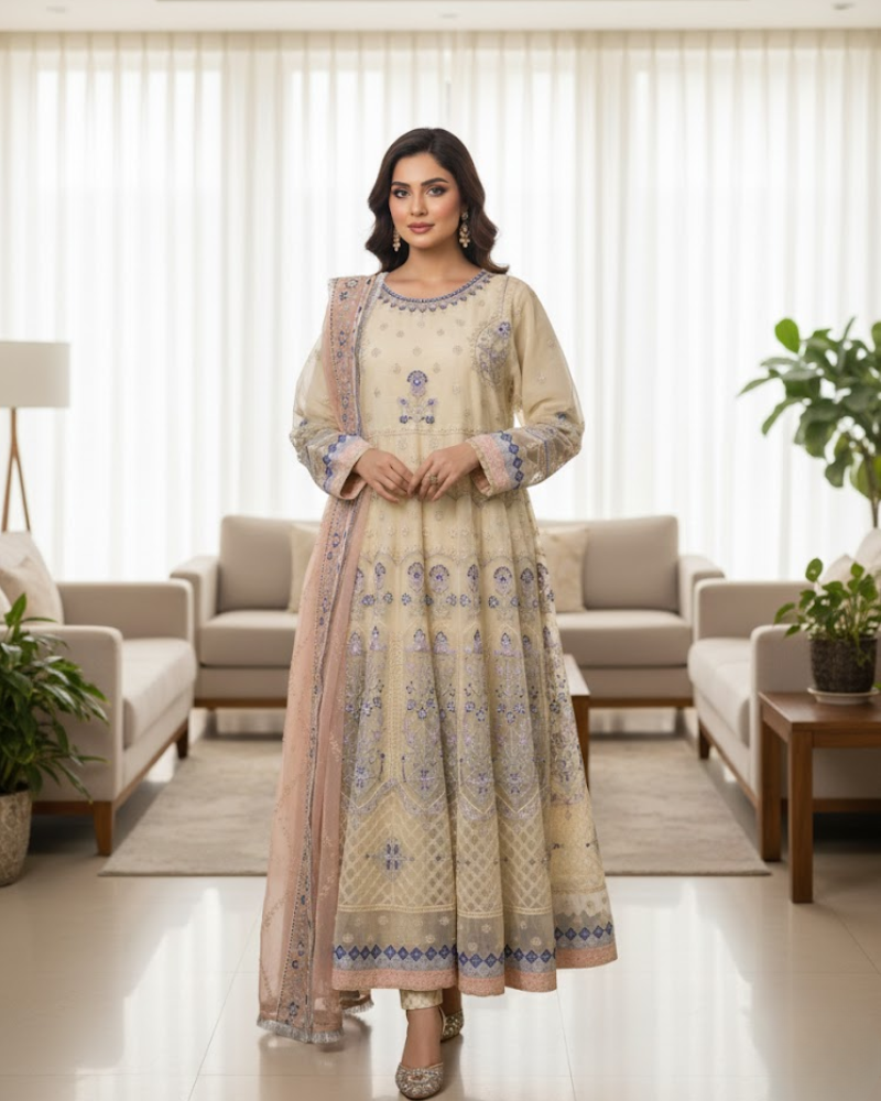 Beige Organza Pakistani Anarkali Dress – Pearl & Stone Embroidery