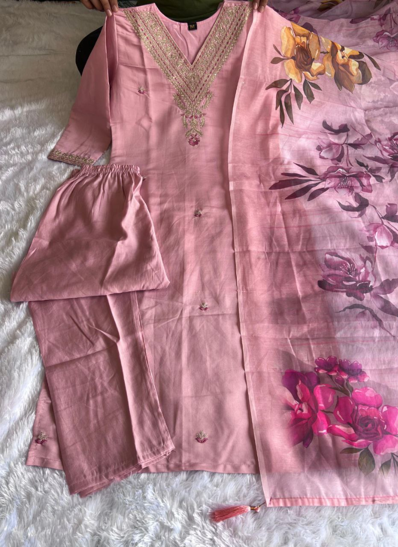 Roman Silk Punjabi Suit with Embroidered Kurti & Digital Print Dupatta
