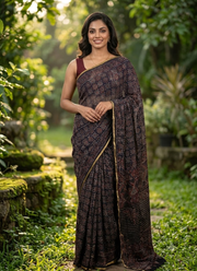 Deep Navy Blue Vegetable Chiffon Saree – Floral Print with Blouse 2