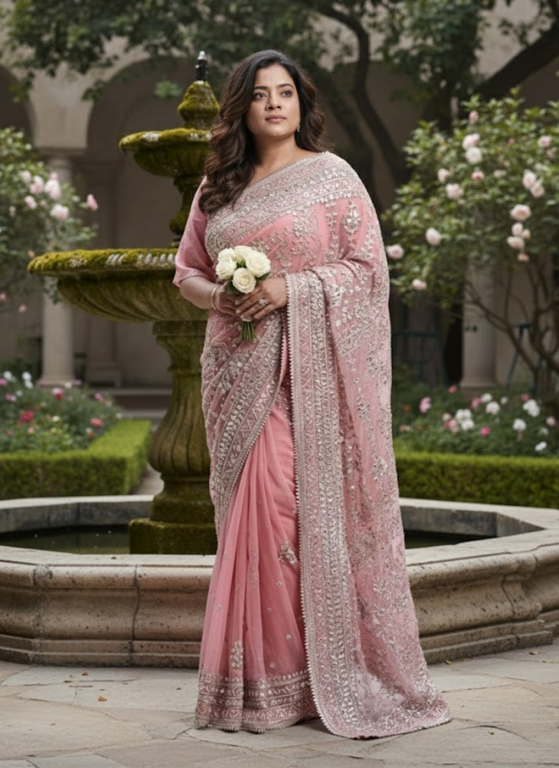 Pink Gotapatti Saree with Handmade Embroidery + Stitched Blouse & Petticoat